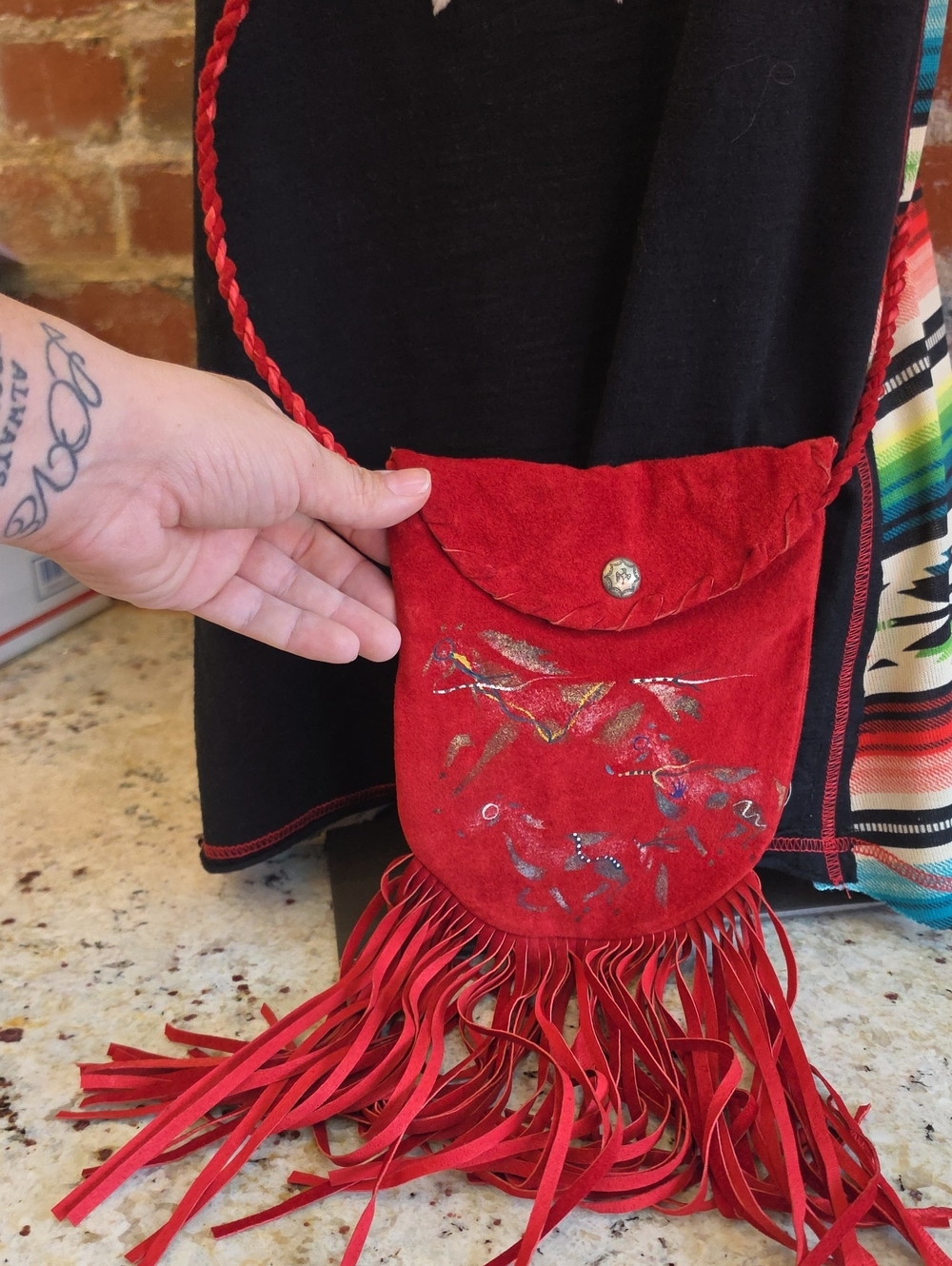 Red Suede Fringe Crossbody Bag with Painted Accents